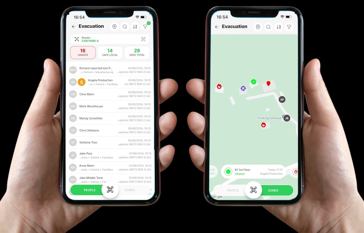 Two phones running Musterd: the live people list and the site map